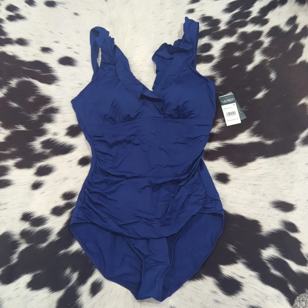 LAUREN RALPH LAUREN Beach Club Ruffle Indigo Blue LR7DB10M one piece sz 14 NWT